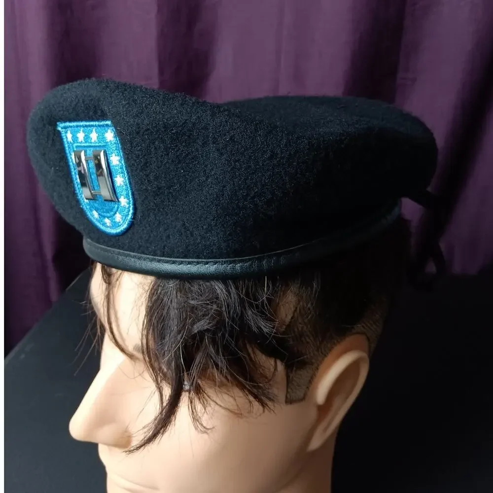DSCP Garrison Army Wool Beret Vtg Mens Small 6 3/4 Black‎ Captain Bars USA Made